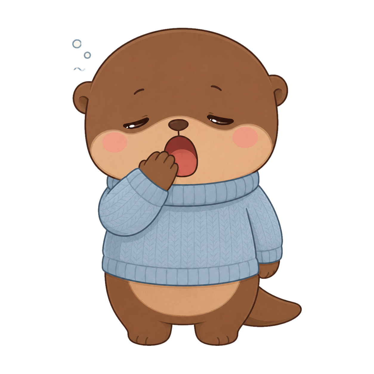Lou, the chocolate otter in a dusty-blue sweater