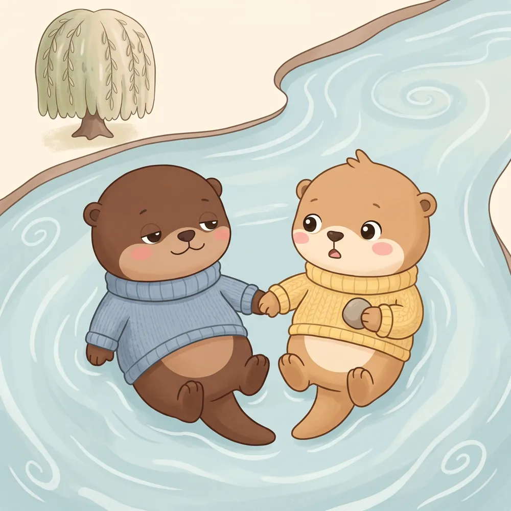 lou reaching across the water and holding ollie's paw