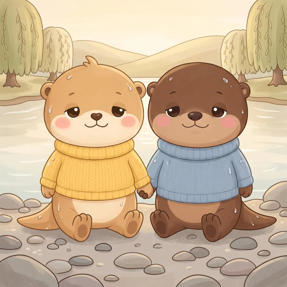 ollie and lou washed up on a pebble shore, still holding paws