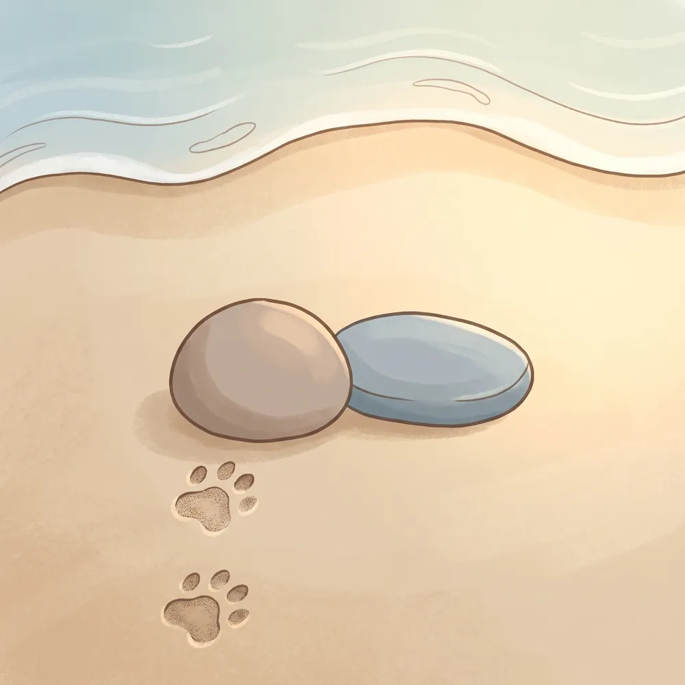 two stones side by side on the sand, one round, one flat